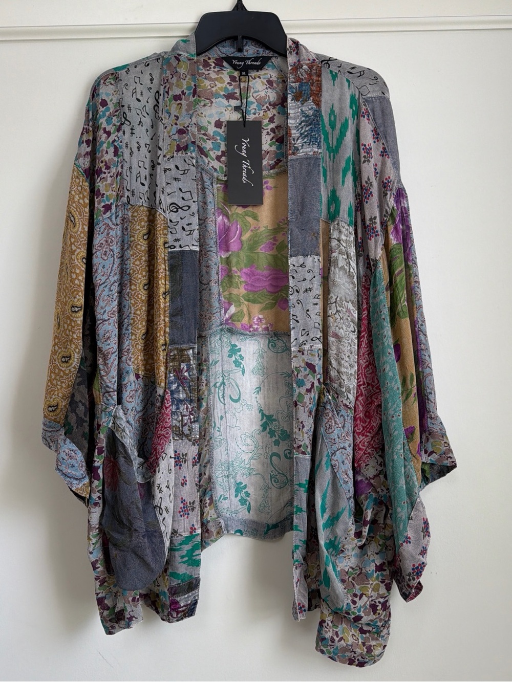 Young Threads Patchwork Bell Sleeve Kimono Shrug Grey Multi XL NWT